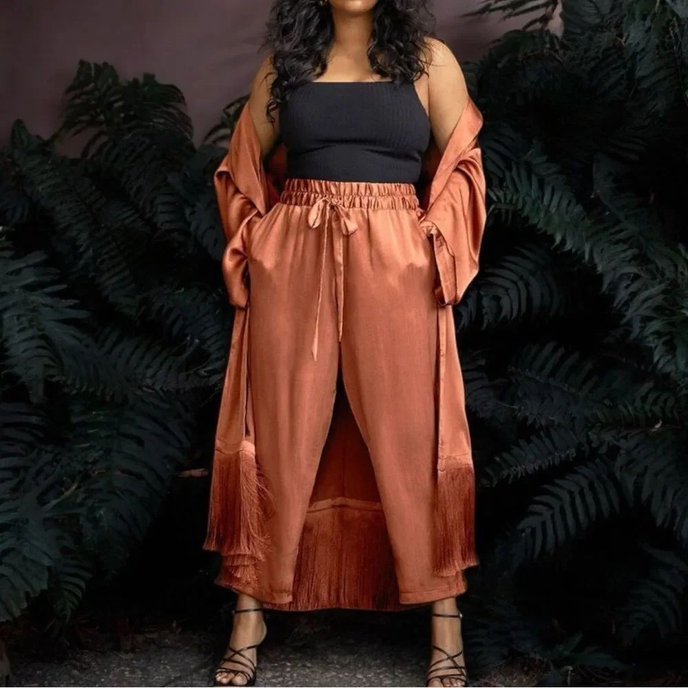 NWT ELOQUII Satin Open Duster with Fringe Pant Set 14/16